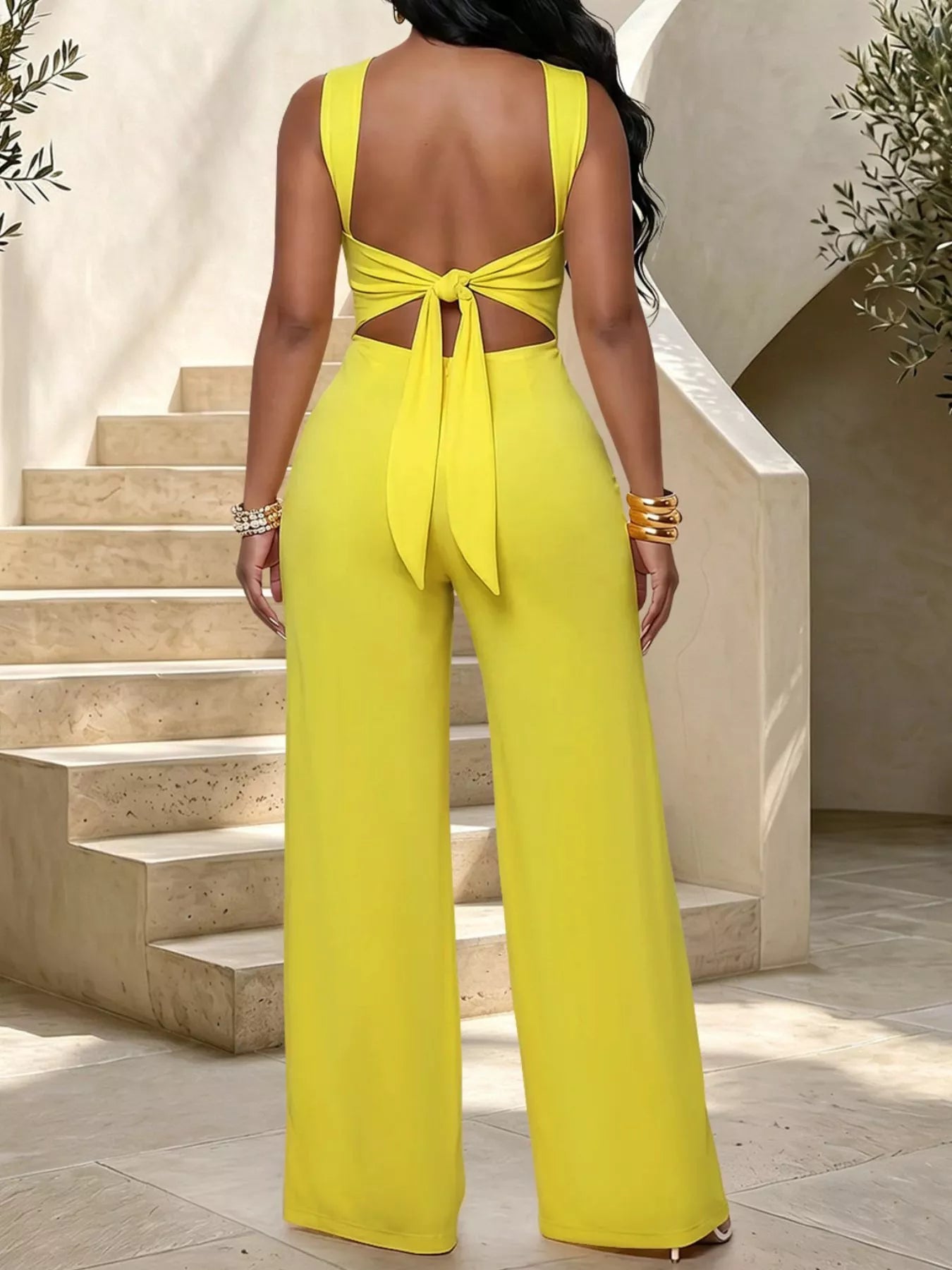 Backless Twist Top and Wide-Leg Pants Set