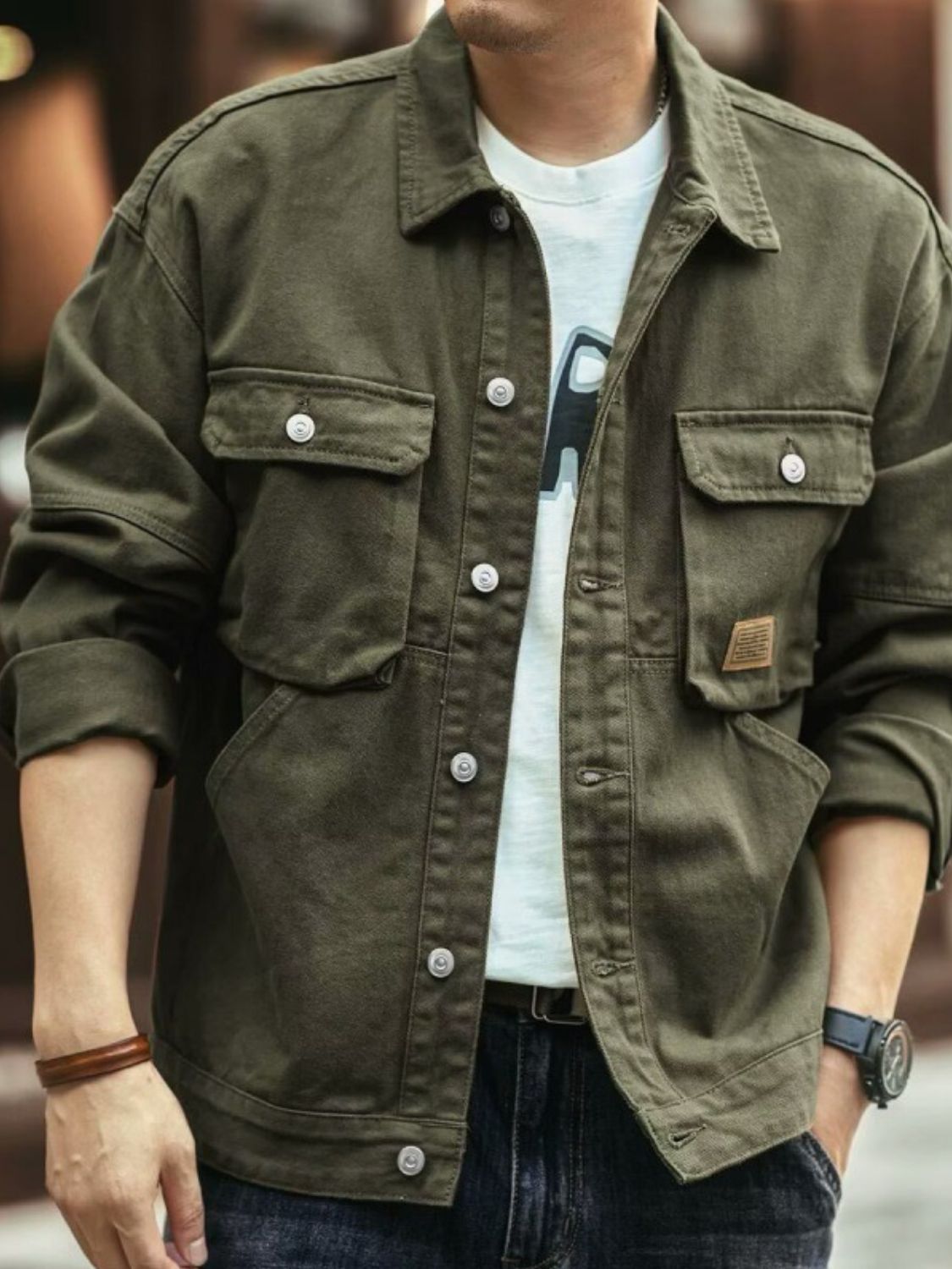 Men's Washed Collared Neck Cargo Jacket for Casual Style