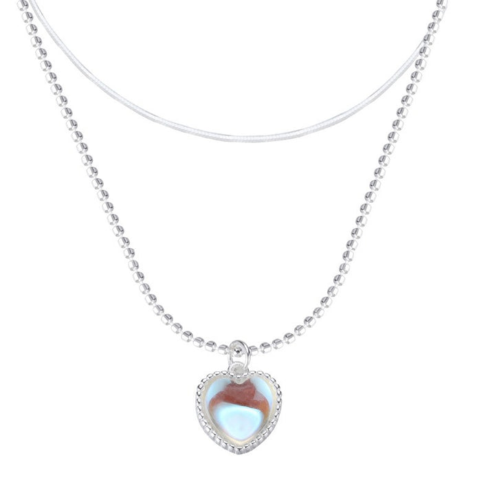 Double Design Love Moonstone Necklace Women's New Sweet Gradient Gemstone Heart-Shaped Collarbone Necklace