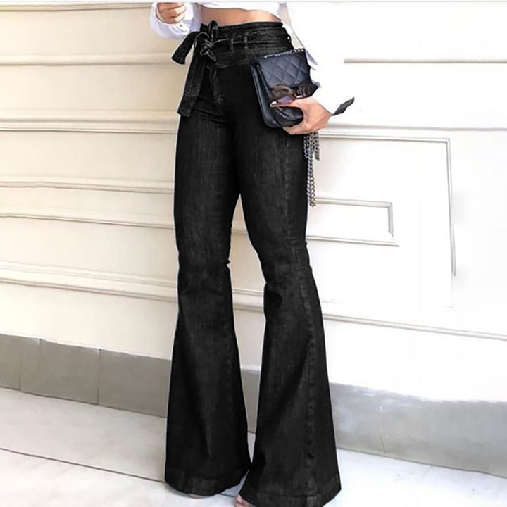 High-Waisted Women's Vintage Flared Denim Jeans with Lace-Up Detail in Blue