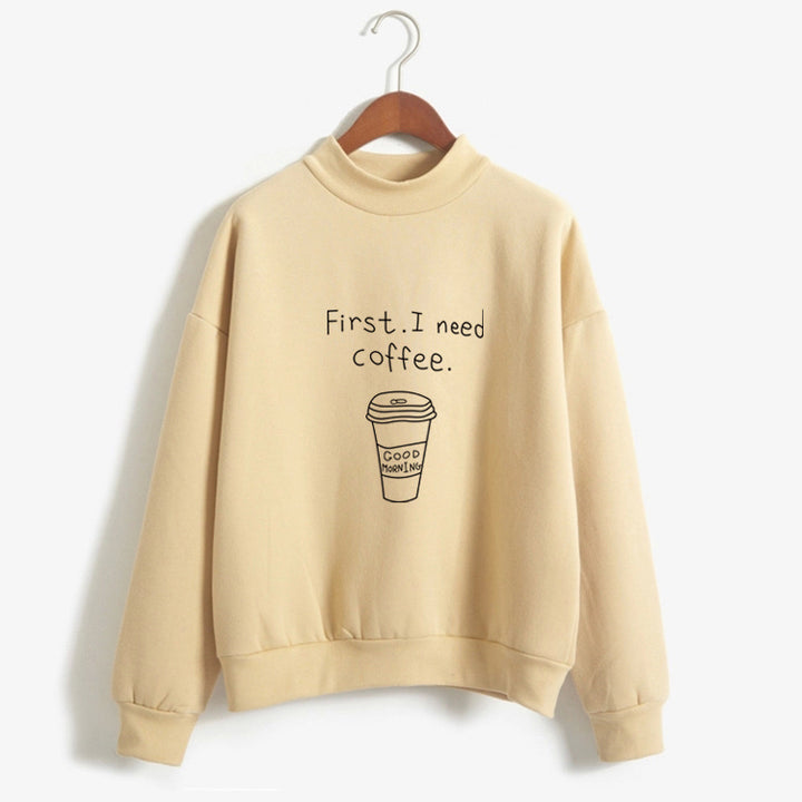 Kawaii Coffee Lover's Harajuku Style Fleece Turtleneck Hoodie for Women