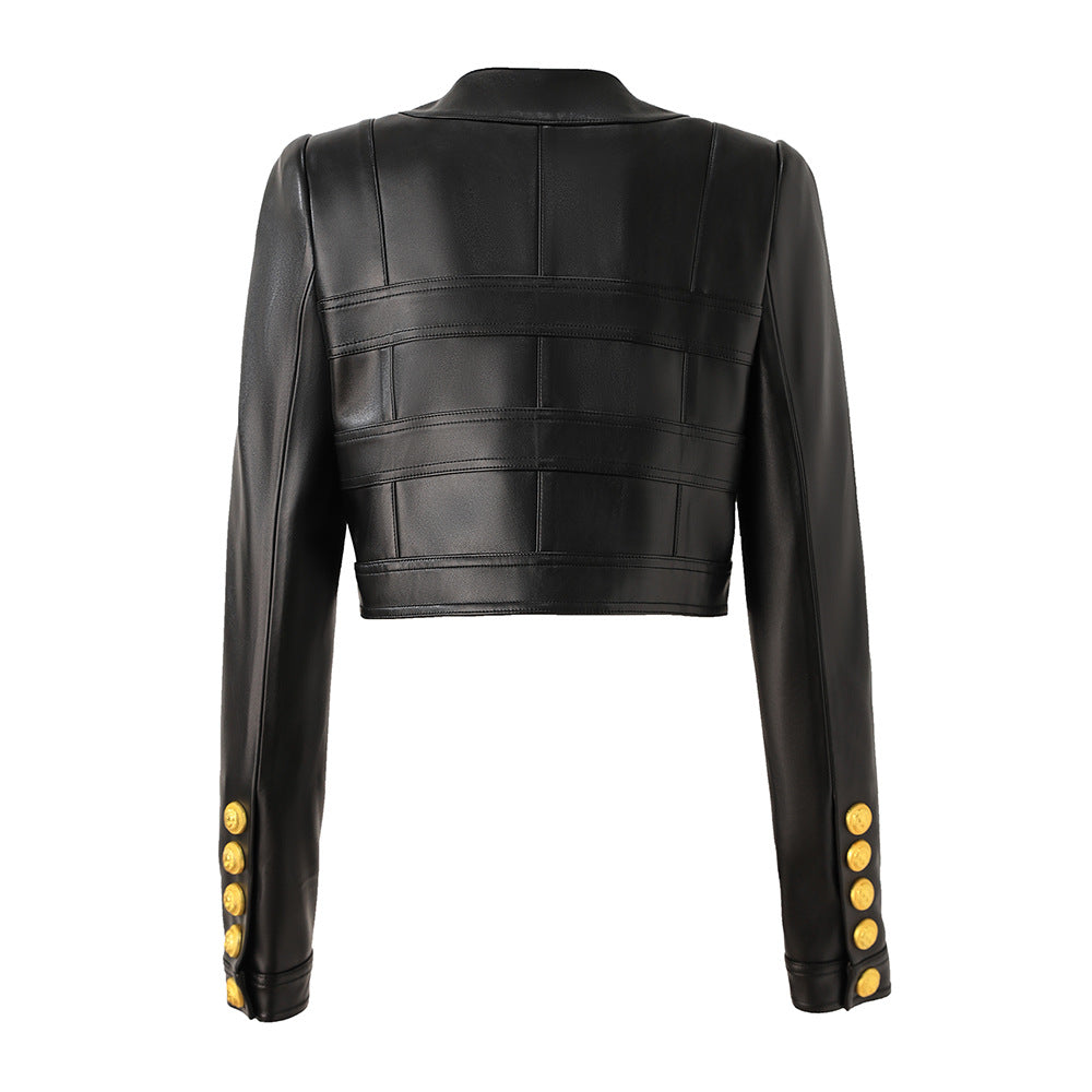Chic PU Leather Spliced Round Neck Cardigan with Shoulder Pads