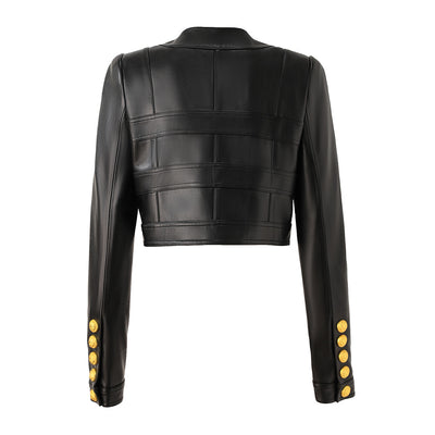 Chic PU Leather Spliced Round Neck Cardigan with Shoulder Pads