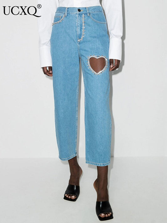 Heart-Shaped Diamond Hollow Out Loose Fit Ankle Jeans