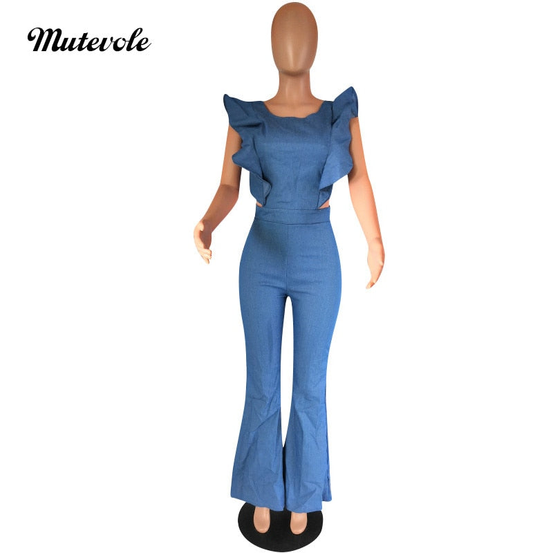 Backless Summer Denim Ruffle Jumpsuit for Women - Stylish Sleeveless Romper with Back Zip Closure