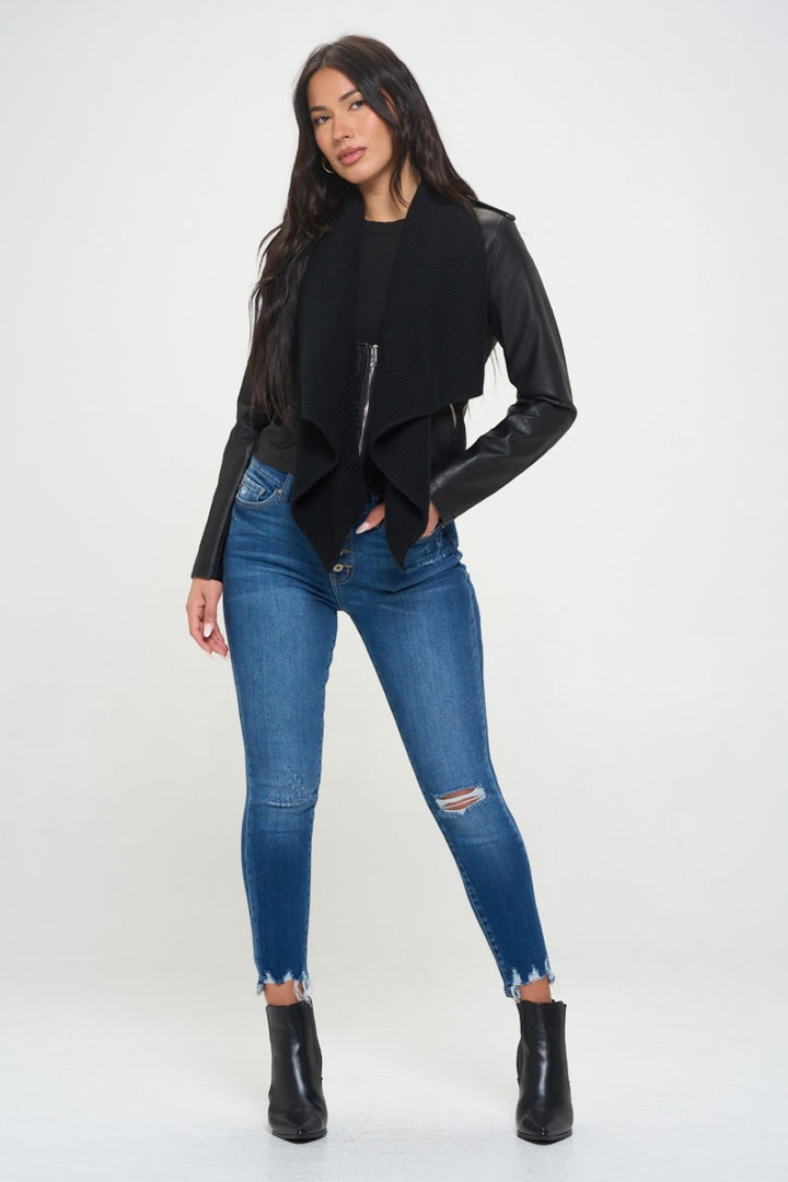 Knit-Collared Faux Leather Cropped Jacket