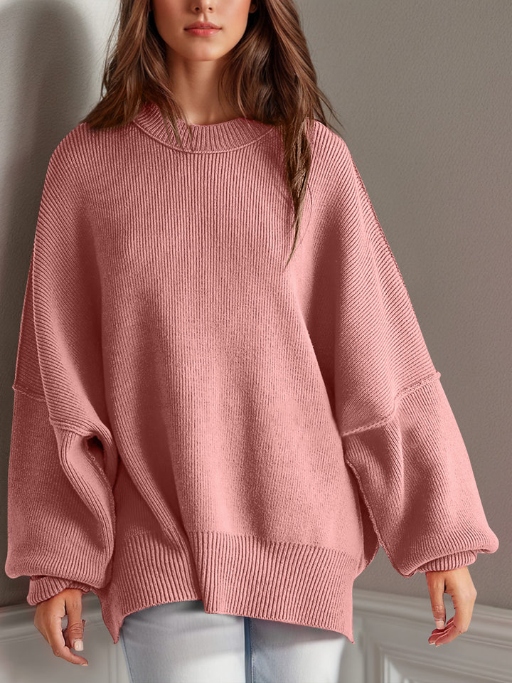 Chic Side Slit Long Sleeve Sweater with Round Neck