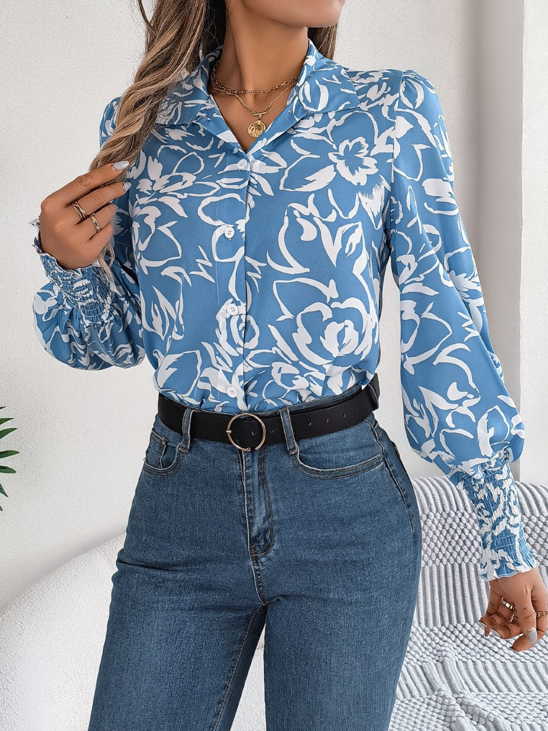 Stylish Printed Lantern Sleeve Button-Up Blouse for Women