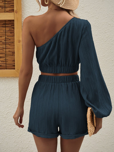 Stylish Asymmetrical Long Sleeve Top and Shorts Set for Women