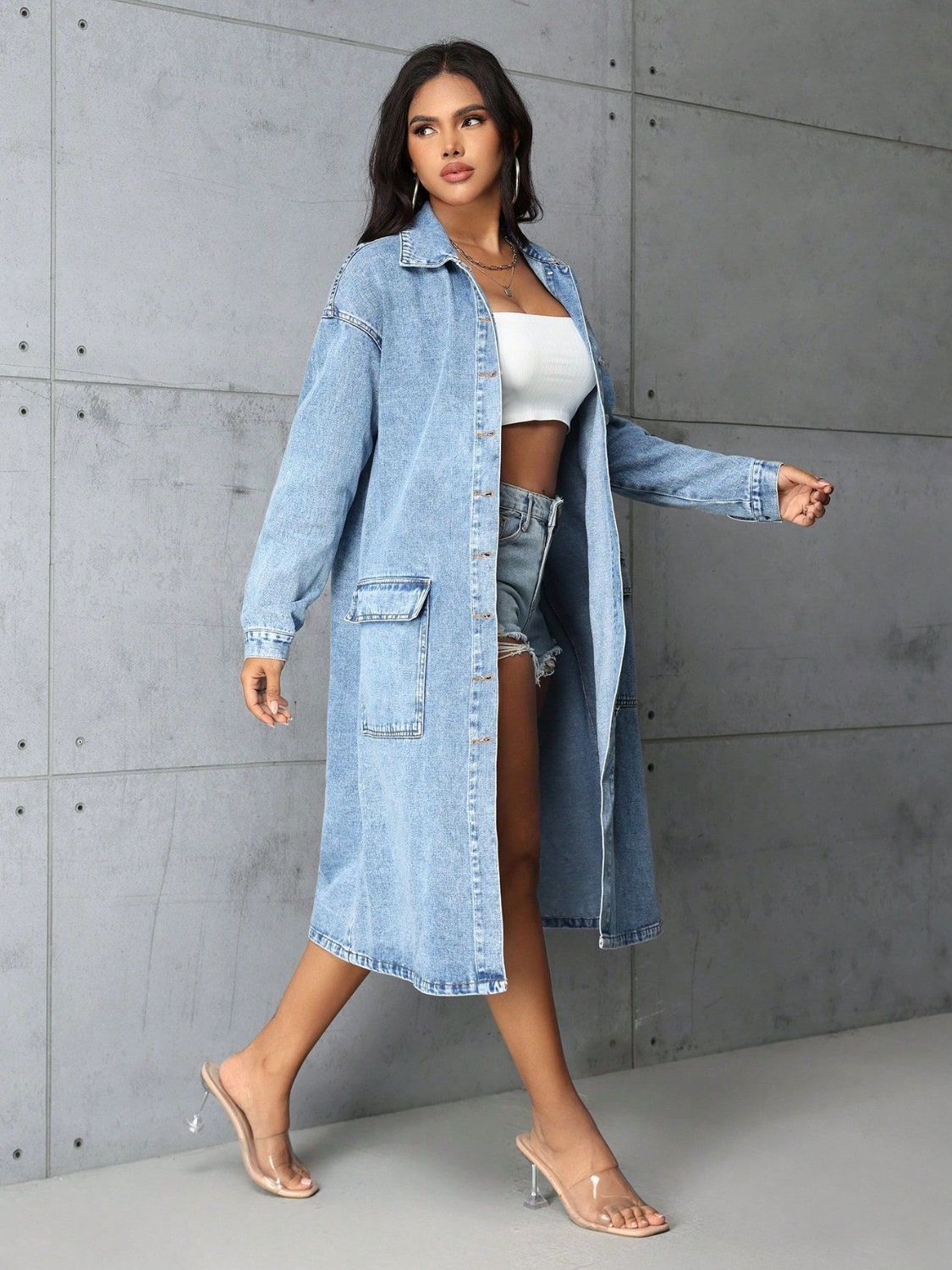 Collared Pocketed Denim Button-Up Shirt for Effortless Style