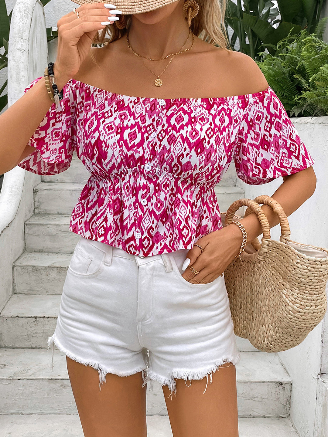 Stylish Off-Shoulder Peplum Top with Bold Print