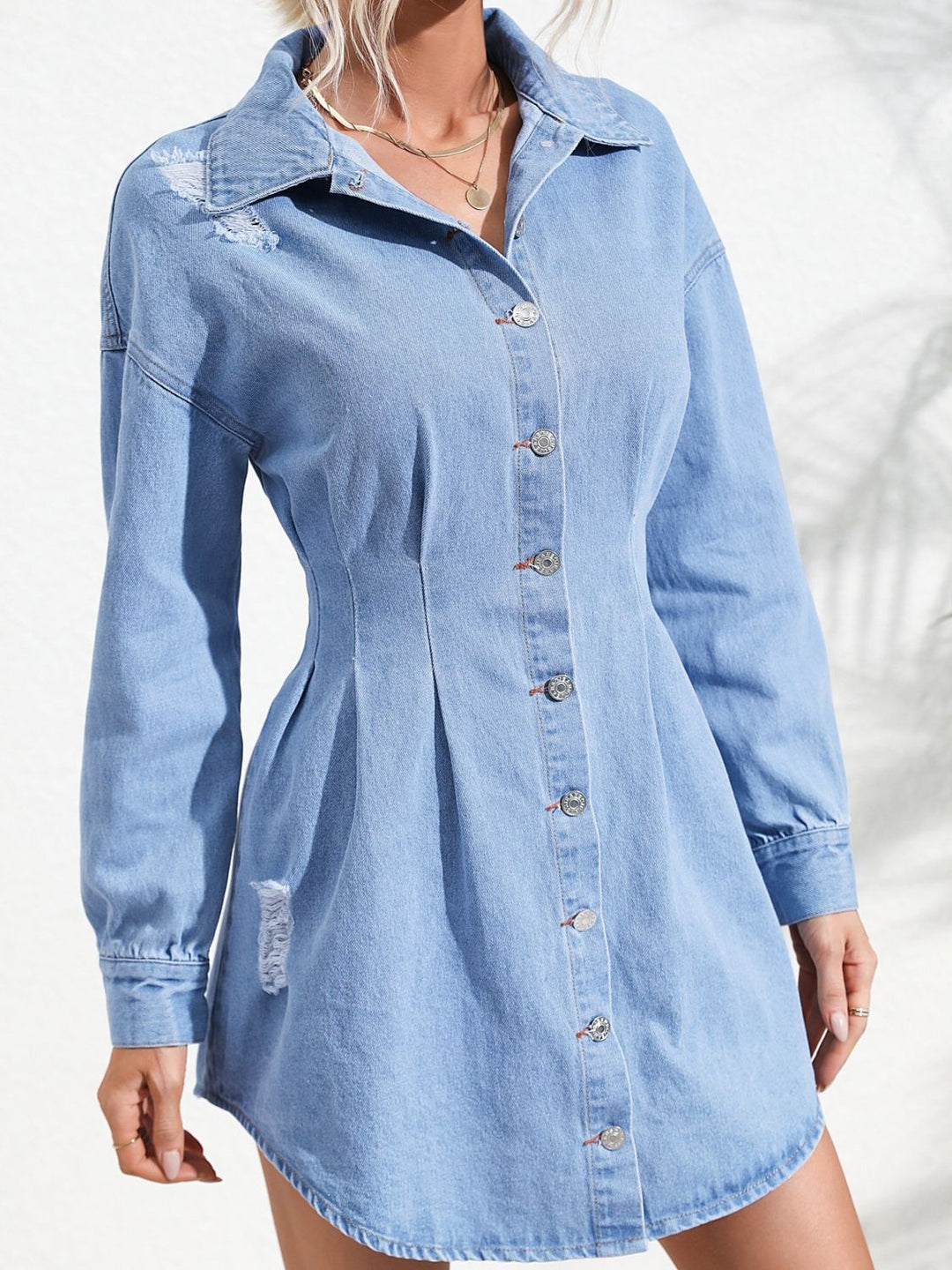 Chic Distressed Denim Shirt Dress with Button Closure