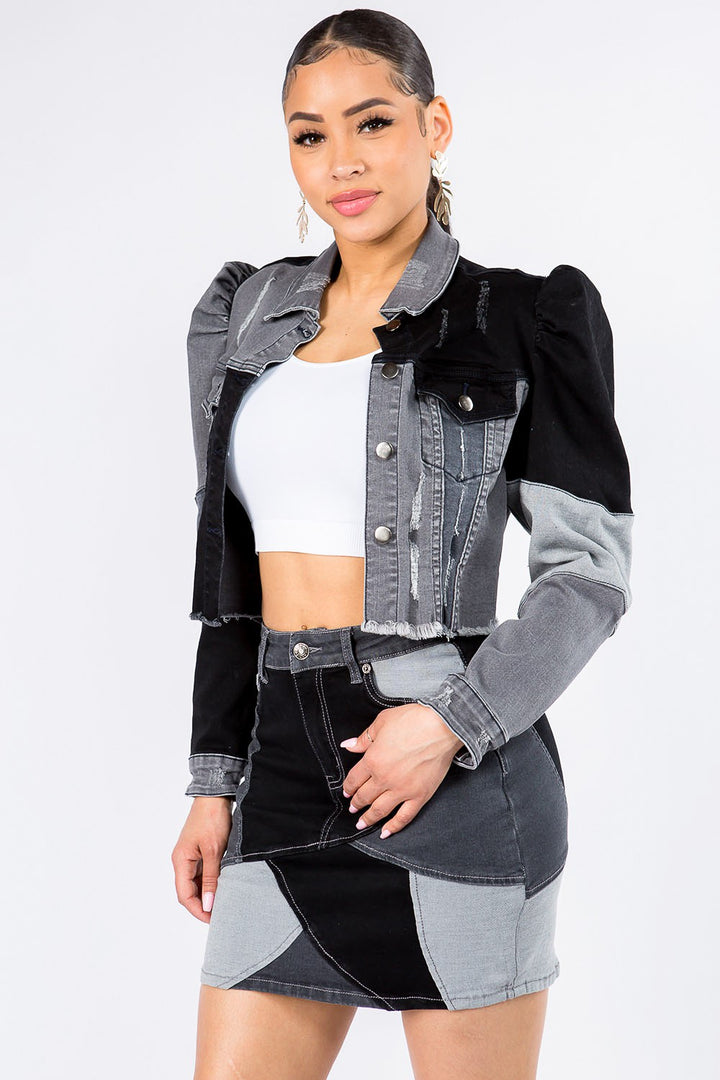 Cropped Denim Jacket with Unique Patchwork and Statement Puff Shoulders