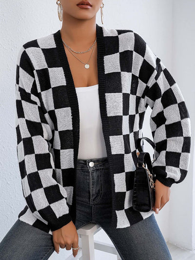 Plaid Open Front Long Sleeve Sweater Cardigan for Women