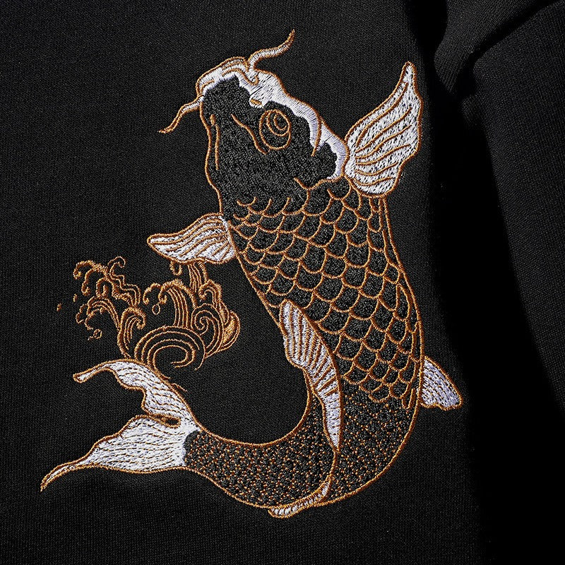 Embroidered Koi Design Heavy Industry Cotton Pullover Sweatshirt for Men - Stylish Loose Fit Round Neck