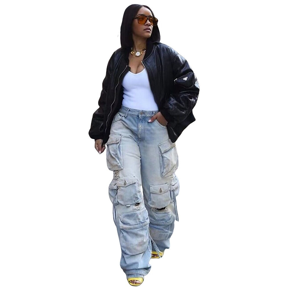 Vintage-Inspired Denim Cargo Pants with 3D Accents