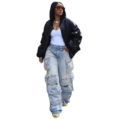 Vintage-Inspired Denim Cargo Pants with 3D Accents Style