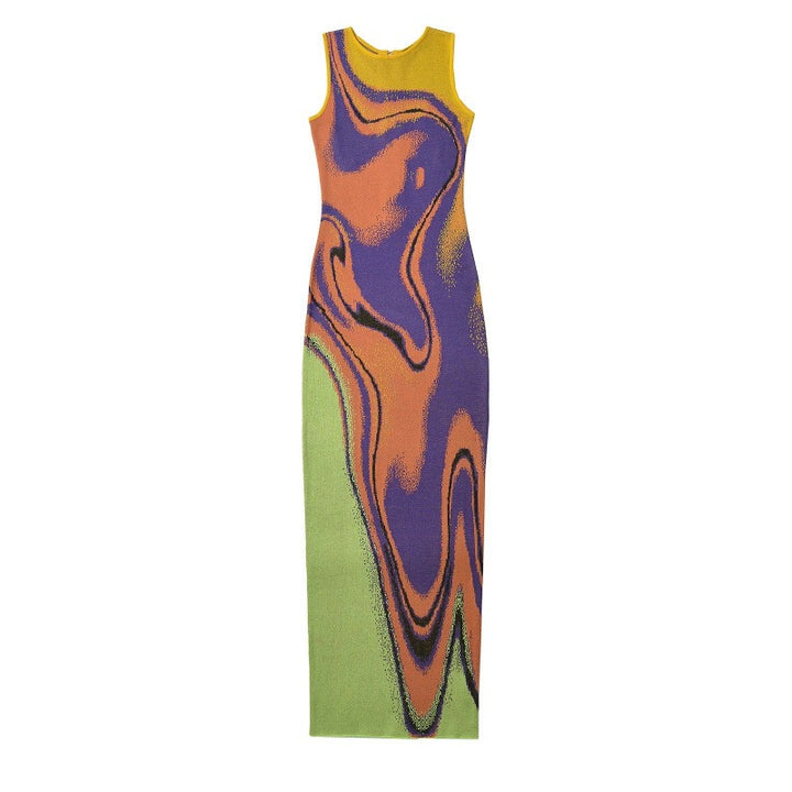 Chic Abstract Pattern Jacquard Dress - Form-Fitting, Sleeveless, Round Neck, Body-Con Style