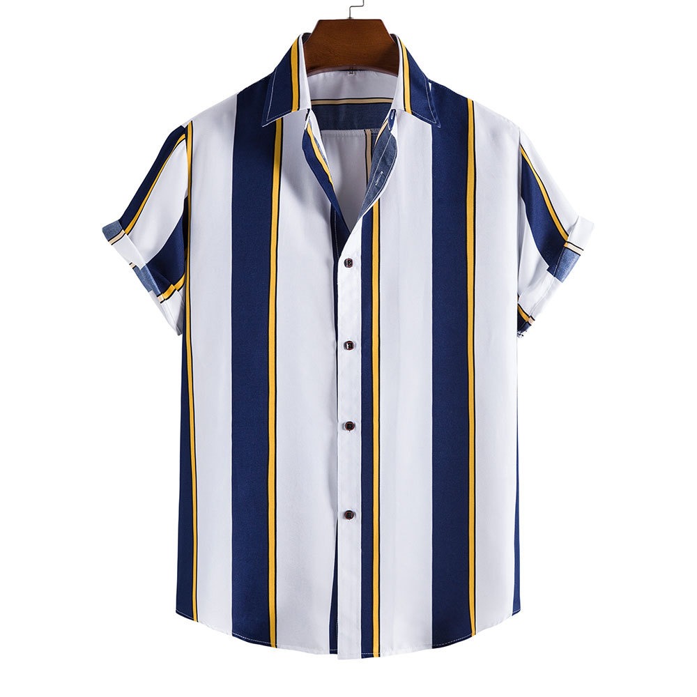 Men's Tropical-Inspired Short Sleeve Striped Cotton Blend Shirt