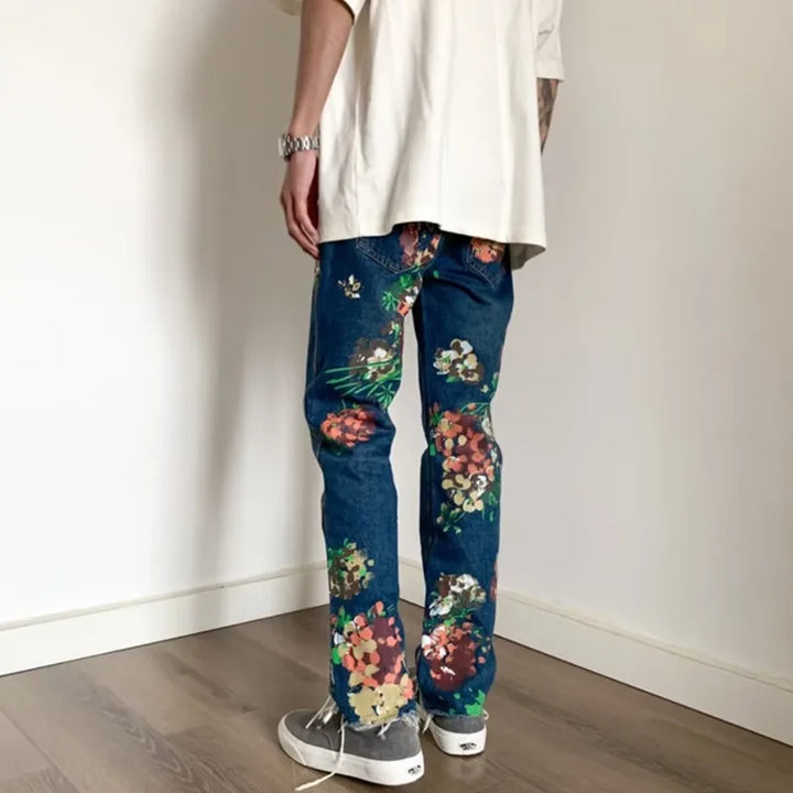 Fashion-Forward Men's Artisan Floral Fringed Straight Leg Jeans in Rich Indigo