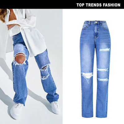 Chic High-Waisted Distressed Straight Leg Jeans for Women