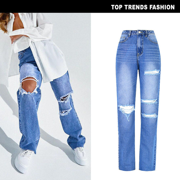 Chic High-Waisted Distressed Straight Leg Jeans for Women - Vintage-Inspired Washed Streetwear