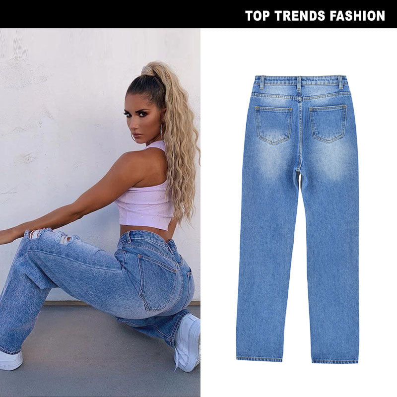 Trendy Distressed High-Waisted Loose-Fit Denim Pants for Women