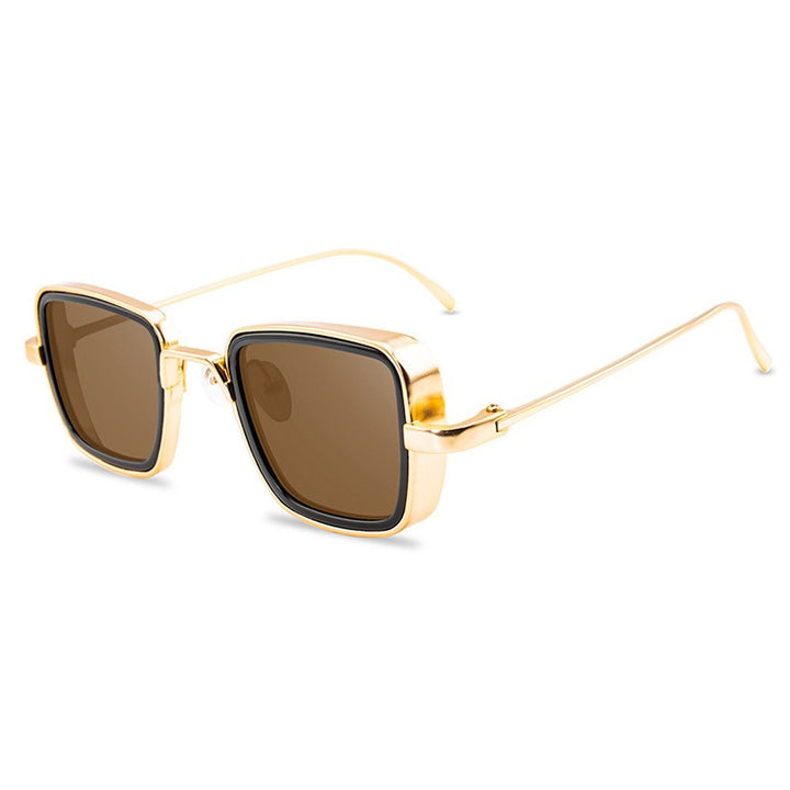 Men's Steampunk Square Sunglasses with Gold Mirror Frame and Yellow Lenses