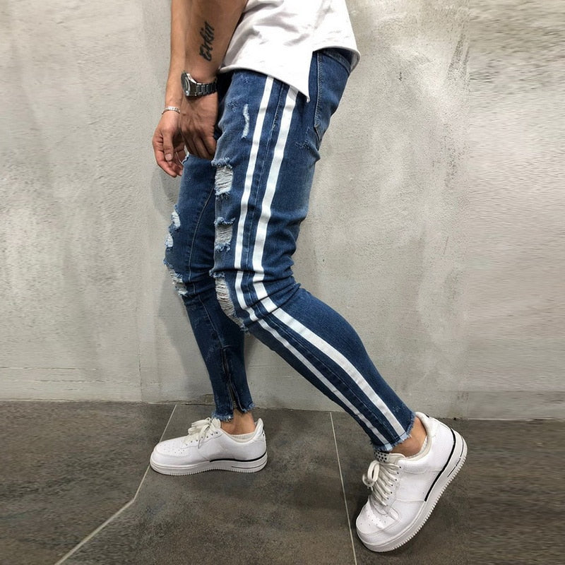 Stylish Striped Distressed Slim Fit Jeans for Men - Urban Fashion Must-Have