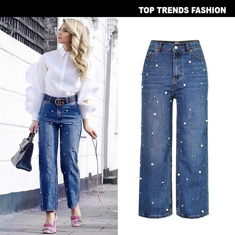 Women's High-Waisted Wide-Leg Flared Jeans with Pearl Studded Details