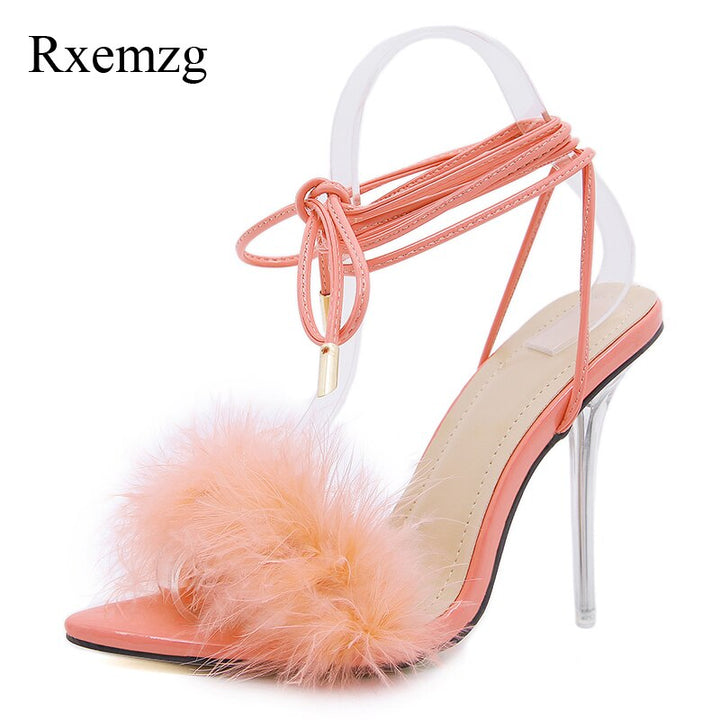 Exotic Elegance: Pointed Toe  Heels with Feather Accents and Clear Straps