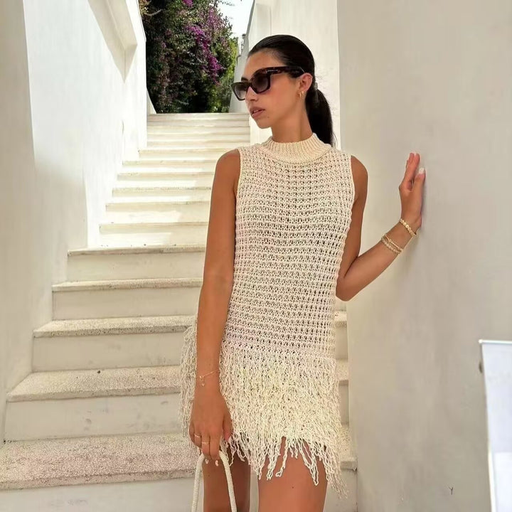 Chic Sleeveless Knitted Vest Skirt with Stylish Tassels and Cut-Out Details