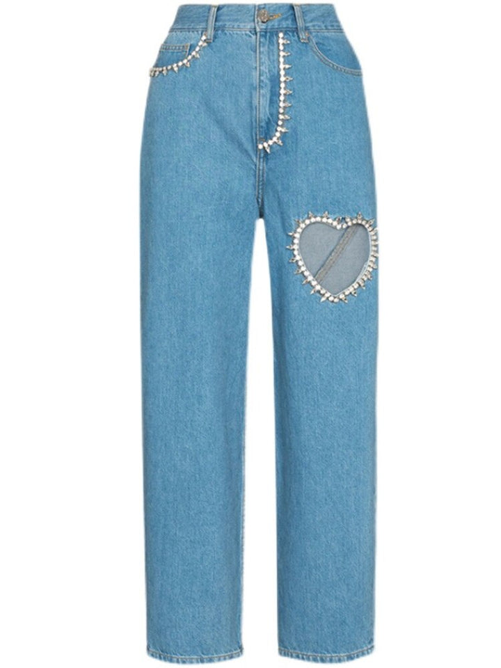 Heart-Shaped Diamond Hollow Out Loose Fit Ankle Jeans for Women - High Street Style