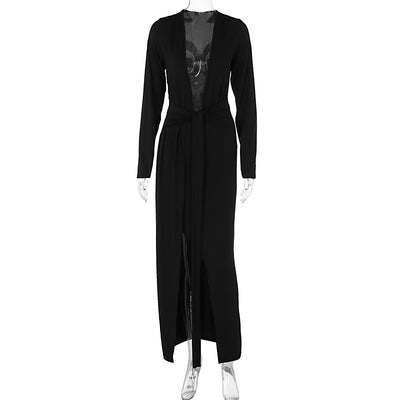 Elegant V-Neck Long Sleeved Lace-Up Dress with Slit