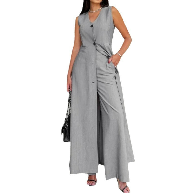 Chic Solid Color Sleeveless Two-Piece Set with Wide Leg Pants