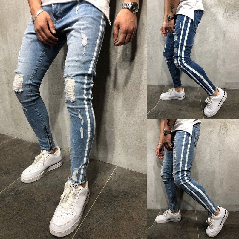 Stylish Striped Distressed Slim Fit Jeans for Men - Urban Fashion Must-Have