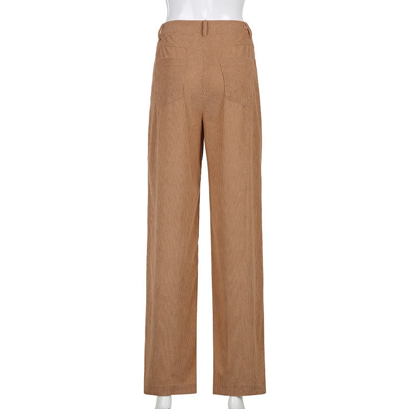 Retro High-Waisted Loose-Fit Wide-Leg Corduroy Trousers for Women