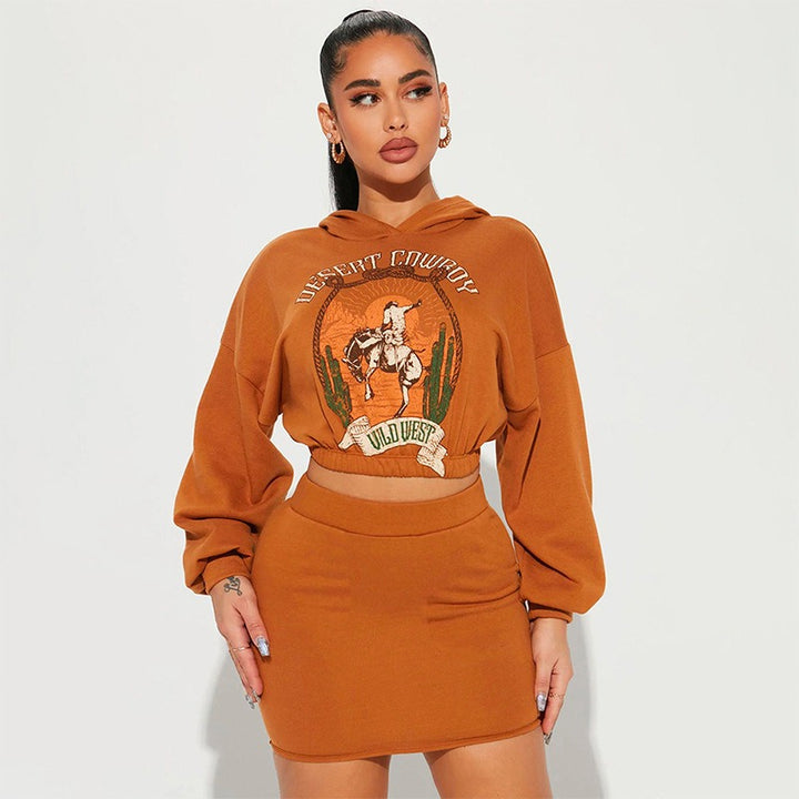 Hooded Printed Sweatshirt and Skirt Set for Women