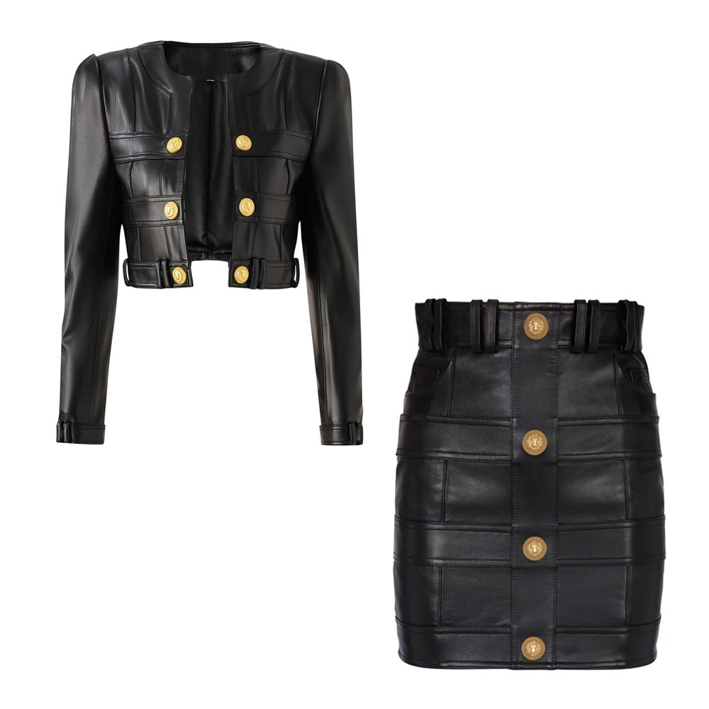 Chic PU Leather Spliced Round Neck Cardigan with Shoulder Pads - High Street Fashion Top