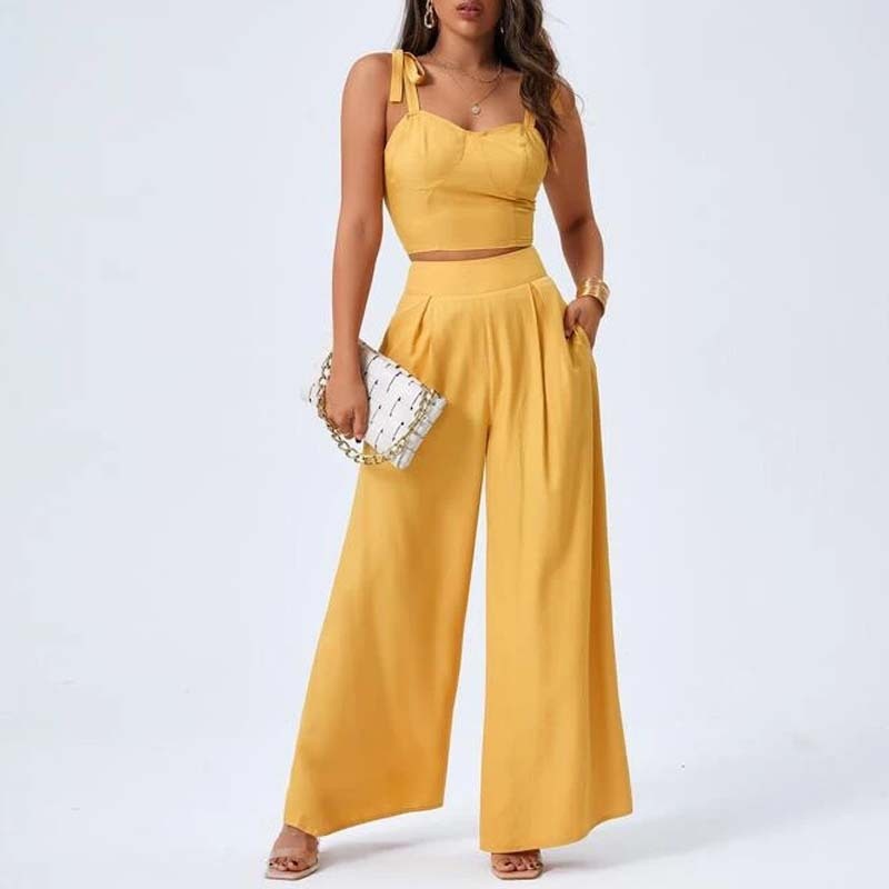 Chic Open Back Suspender Top & Flowing Wide Leg Pants Two-Piece Set for Women - Modern European and American Fashion