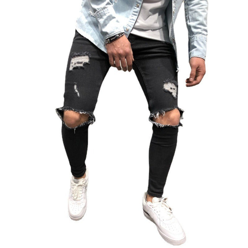 Skinny Fit Distressed Denim Pants for Men - Trendy European and American Design