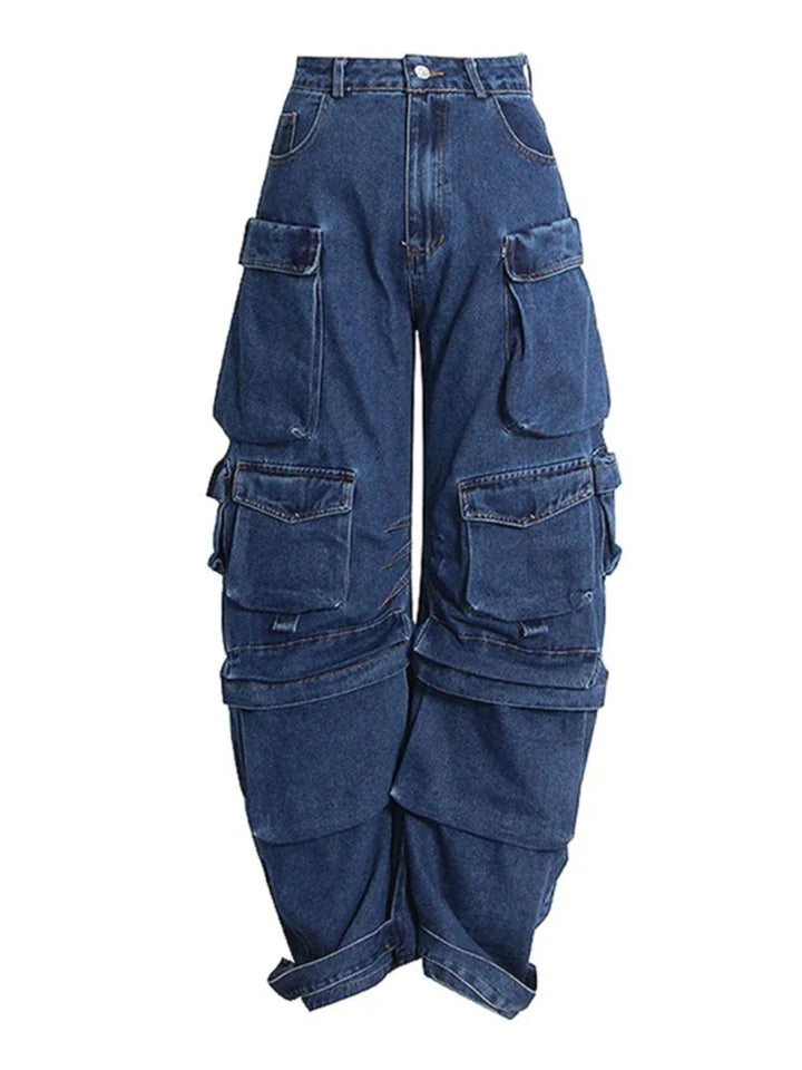 High-Waisted Multi-Pocket Loose Fit Jeans for Women - Retro Hip-Hop Wide-Leg Casual Pants