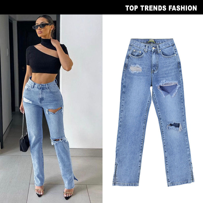 Women's Distressed High-Rise Straight-Leg Denim Pants with Slit Hem