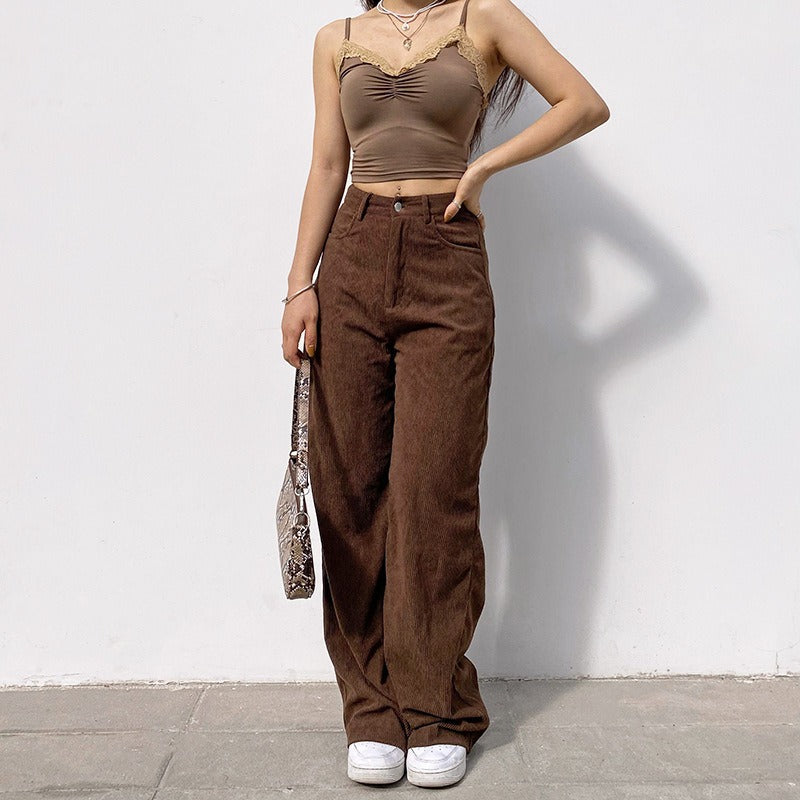 Retro High-Waisted Loose-Fit Wide-Leg Corduroy Trousers for Women