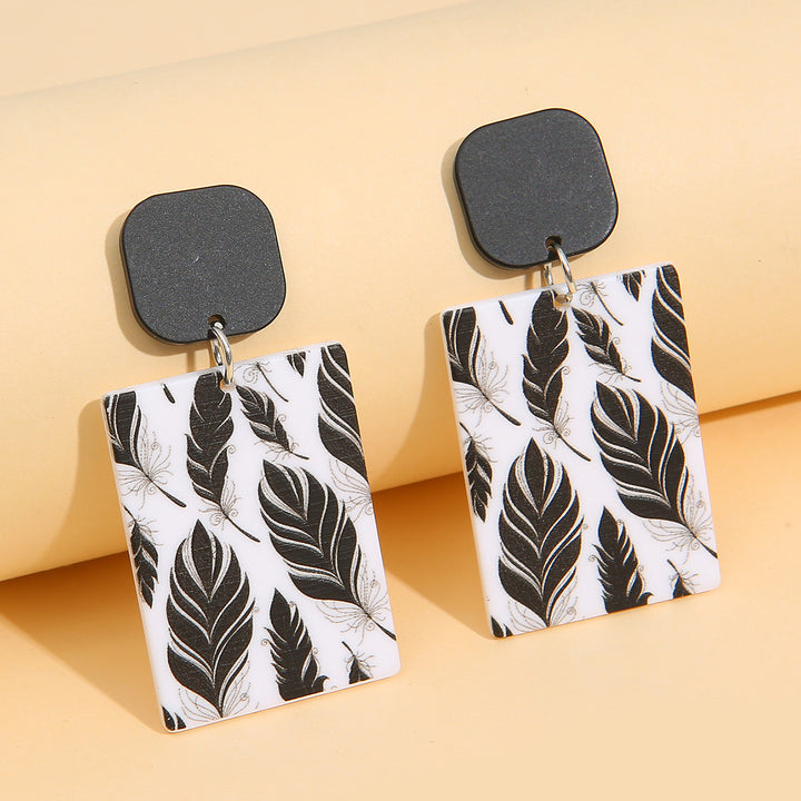 New Acrylic Temperament Simple Printed Leaf Earrings Black And White Color Matching Earrings