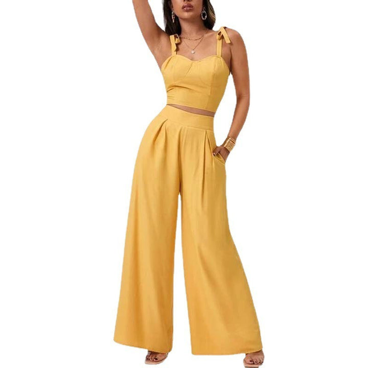 Chic Open Back Suspender Top & Flowing Wide Leg Pants Two-Piece Set for Women - Modern European and American Fashion