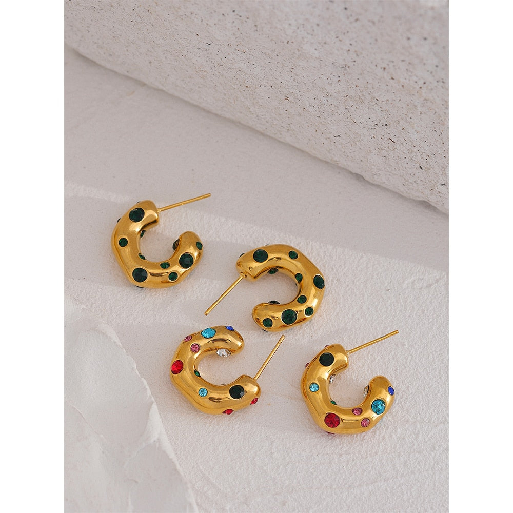 Colorful Cubic Zirconia Stainless Steel Hoop Earrings for Women Temperament Charm Metal  Trendy Waterproof Jewelry