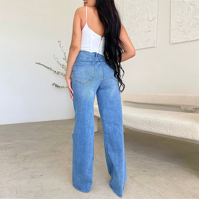 Casual High Waist Wide Leg Denim Jeans for Women - Ripped Plus Size Mom Trousers