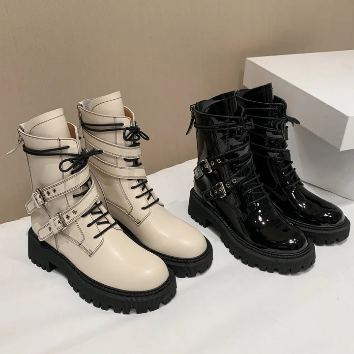 Leisure Zipper Women Ankle Boots Cross-Tied Genuine Leather Buckle Shoes Woman Autumn Winter New Casual Motorcycle Boots