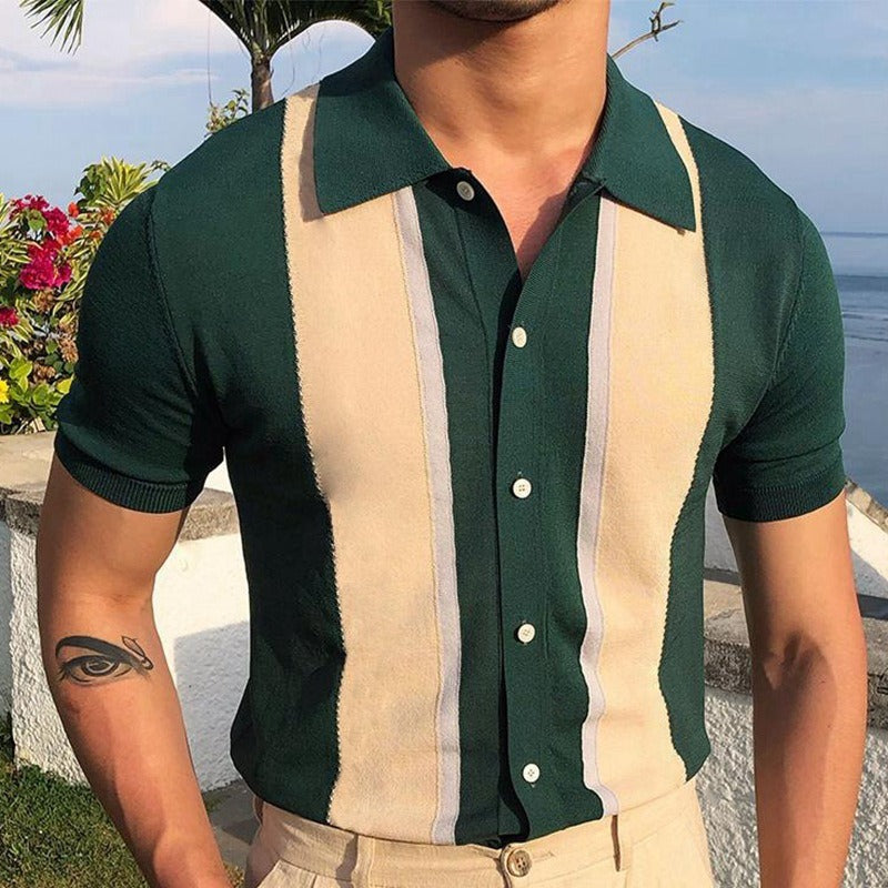 Stylish Color-Contrast Short-Sleeve Polo Cardigan Gift For Him